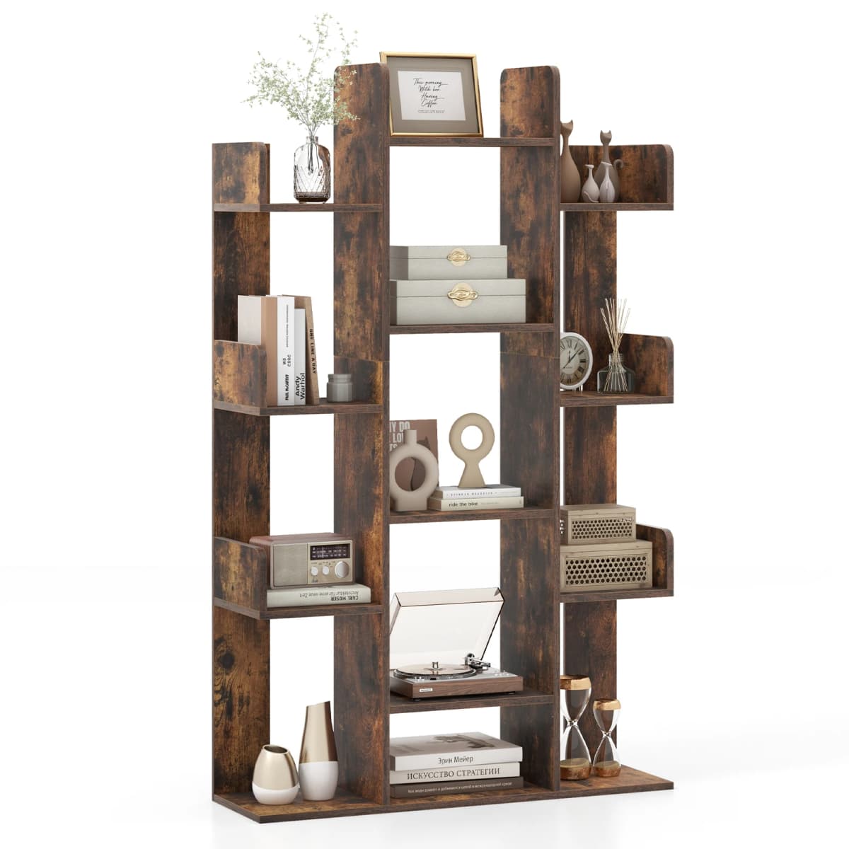 Tree Shape Bookshelf 13 Open Compartments Shelf living room or office storage Shelf Vintage Brown