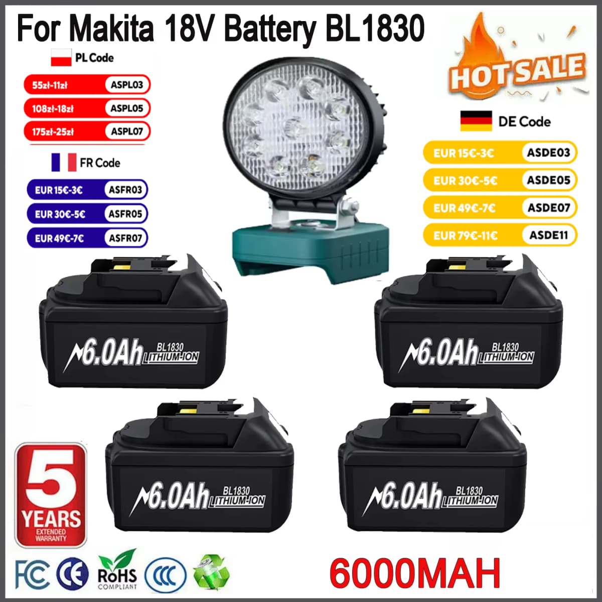 Rechargeable 18V 6Ah Lithium Battery for Makita Compatible with BL1830 BL1840 BL1850 BL1890 Replacement Battery for Power Tools