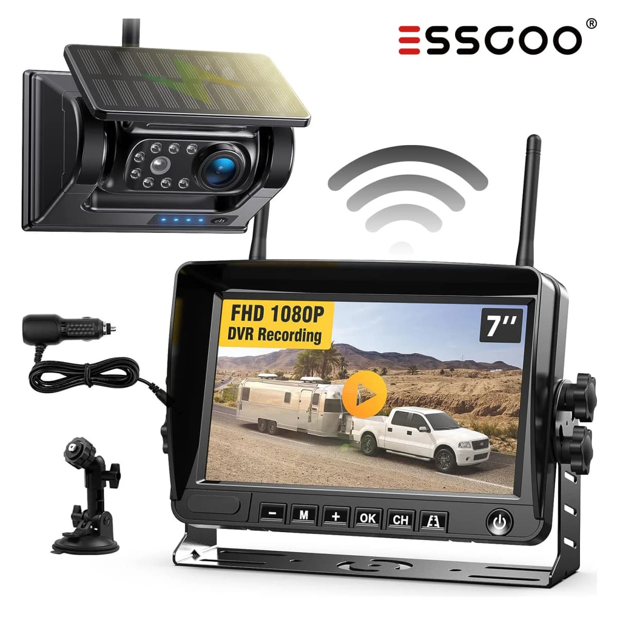 ESSGOO 7" 1080P IPS DVR Monitor Solar Powered Wireless Rear View Reverse Camera Magnetic Base For Vans Trailer RV Truck Car