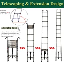 4.4M/14.4FT Telescopic Ladder with Hooks,Attic Ladders Stainless Steel 14 Steps, 330LBS Load, Muilti-Purpose Foldable&Extendable