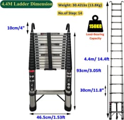 4.4M/14.4FT Telescopic Ladder with Hooks,Attic Ladders Stainless Steel 14 Steps, 330LBS Load, Muilti-Purpose Foldable&Extendable
