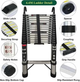4.4M/14.4FT Telescopic Ladder with Hooks,Attic Ladders Stainless Steel 14 Steps, 330LBS Load, Muilti-Purpose Foldable&Extendable