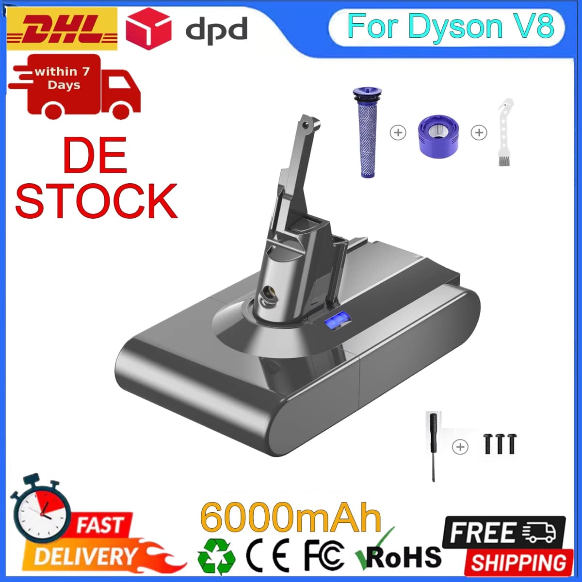 For Dyson V8 Battery 6000mAh 21700 Cell Lithium-ion Replacement Battery For Dyson V8 Absolute V8 Fluffy Vacuum Cleaning Battery