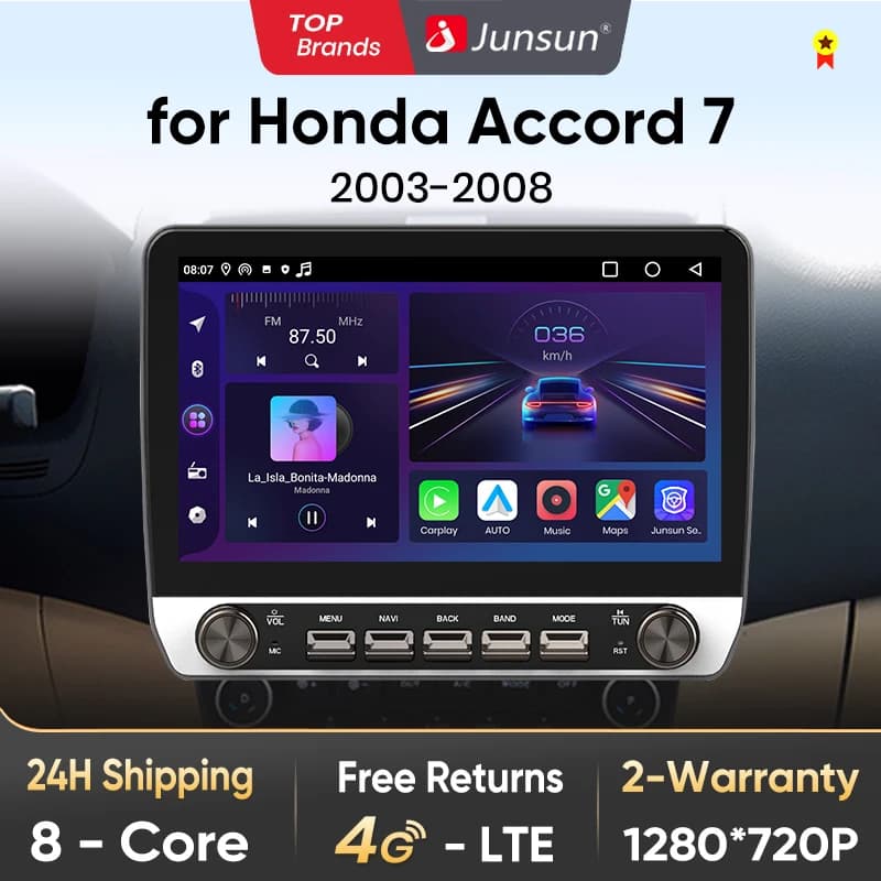 Junsun 10" Button Car Radio forHonda Accord72003-2008 GPS Multimedia Stereo BT FM RDS Wireless CarPlay for Apple Android Auto 4G