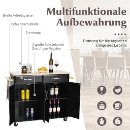 Kitchen trolley on wheels, serving trolley with work Plate & towel holder & drawers & adjustable shelves, kitchen island Wood