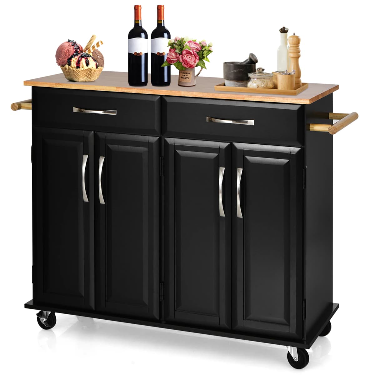 Kitchen trolley on wheels, serving trolley with work Plate & towel holder & drawers & adjustable shelves, kitchen island Wood