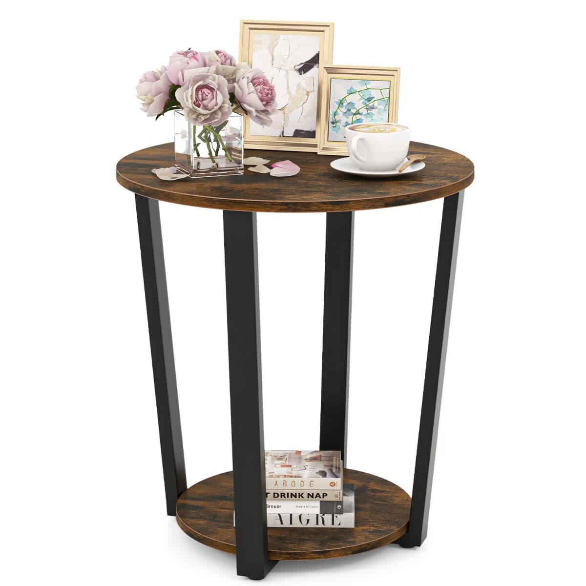 Round side table Sofa Table with Metal Frame, coffee table with 2 shelves, Industrial bedside table for living room