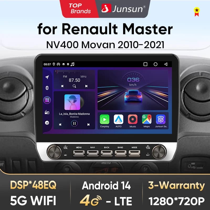 Junsun 10" Button Car Radio forRenault Master 2010-2021 GPS Multimedia Stereo RDS Wireless CarPlay for Apple Android Auto 4G