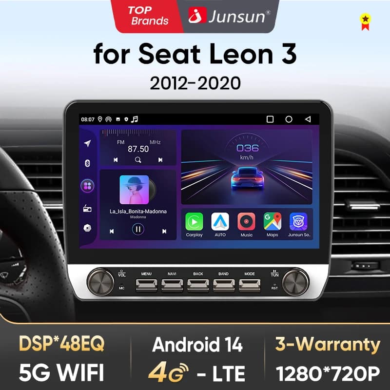 Junsun 10" Button Car Radio for Seat Leon 3 2012-2020 GPS Multimedia Stereo BT FM RDS Wireless CarPlay for Apple Android Auto 4G