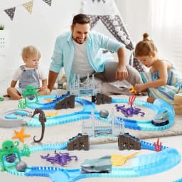 VATOS Track Toys-Shark Racing Cars Flexible Bendable with Ball Ocean Theme Train STEM Educational Playset Birthday Gift for kids