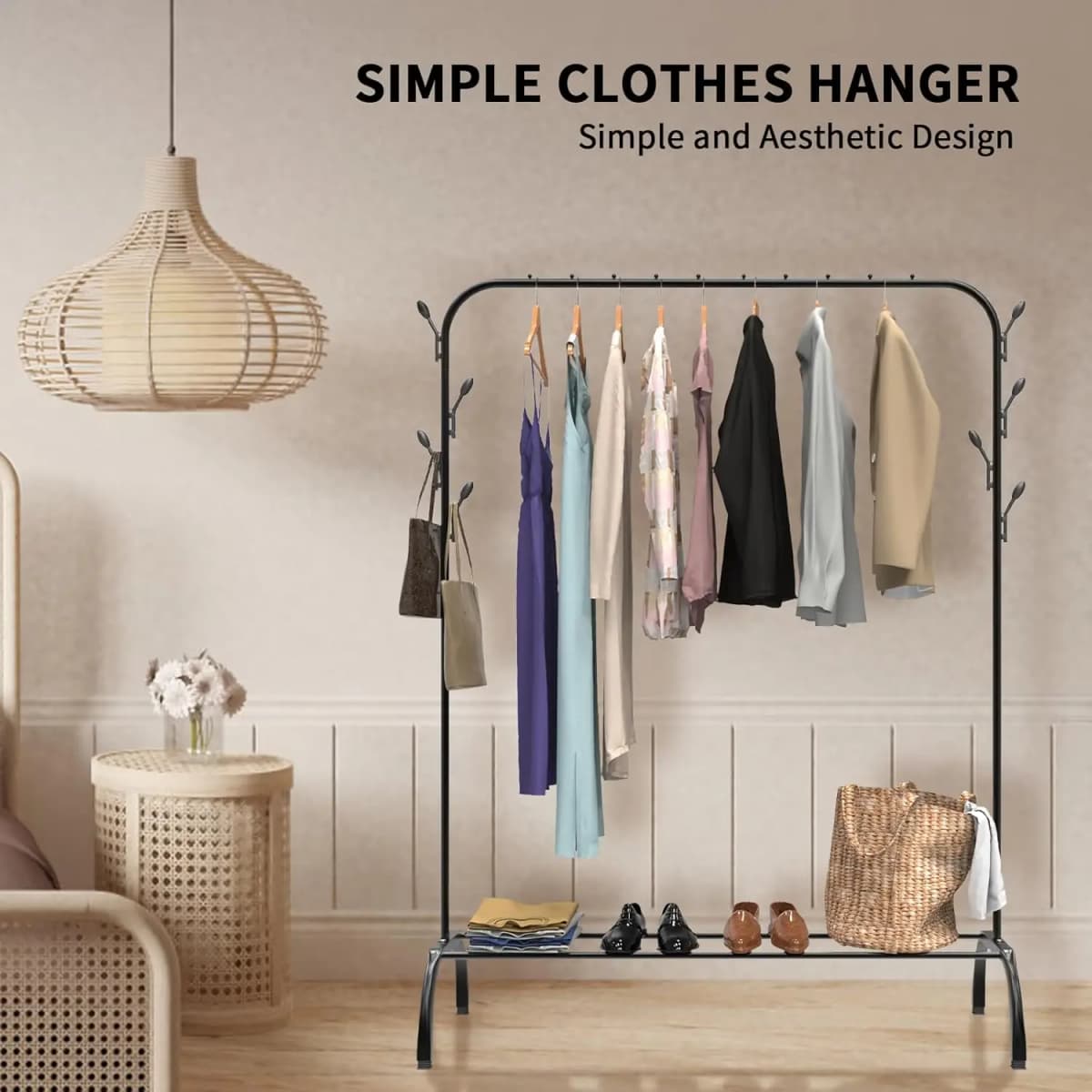 BRIEFNESS Heavy Duty Clothesline Black Drying Rack with Hooks Storage Rack Free Standing Hanging 110 x 40 x 150 cm