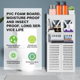 Bathroom Floor Cabinet,Waterproof FreeStanding Bathroom Storage Unit with Daily Use Layer and Cupboard Double Door,3-Tiers PVC