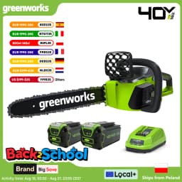 Greenworks 40V ChainSaw Brushless Motor 12M/S with Original 16Inch Chainbar and Oregon Sawchain 2pc 4ah Battery Combo Set