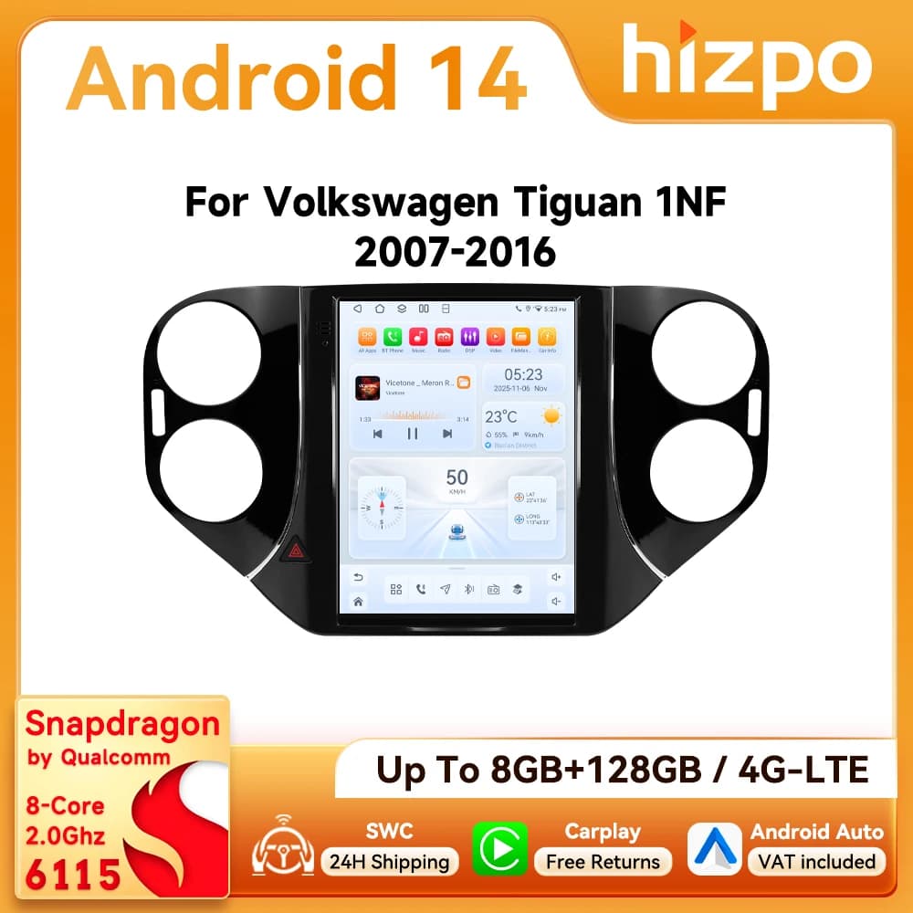 Hizpo 9.7inch Android Car Radio for Volkswagen VW Tiguan 1NF 2007 - 2016 Auto CarPlay 4G BT SWC RDS DSP GPS Snapdragon 6115