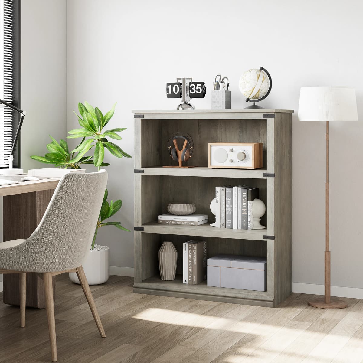 3 Tier Wooden Bookcase Farmhouse Book Shelf with Storage Open Display Bookshelves Low Book Case Home Decor Furniture Grey
