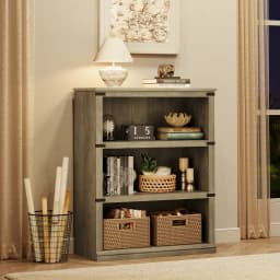 3 Tier Wooden Bookcase Farmhouse Book Shelf with Storage Open Display Bookshelves Low Book Case Home Decor Furniture Grey