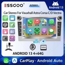 ESSGOO Car Stereo Radio 4+64G Wireless Carplay Android Auto For Vauxhall Astra Corsa C/D Vectra DAB+ Bluetooth Car Radio GPS FM
