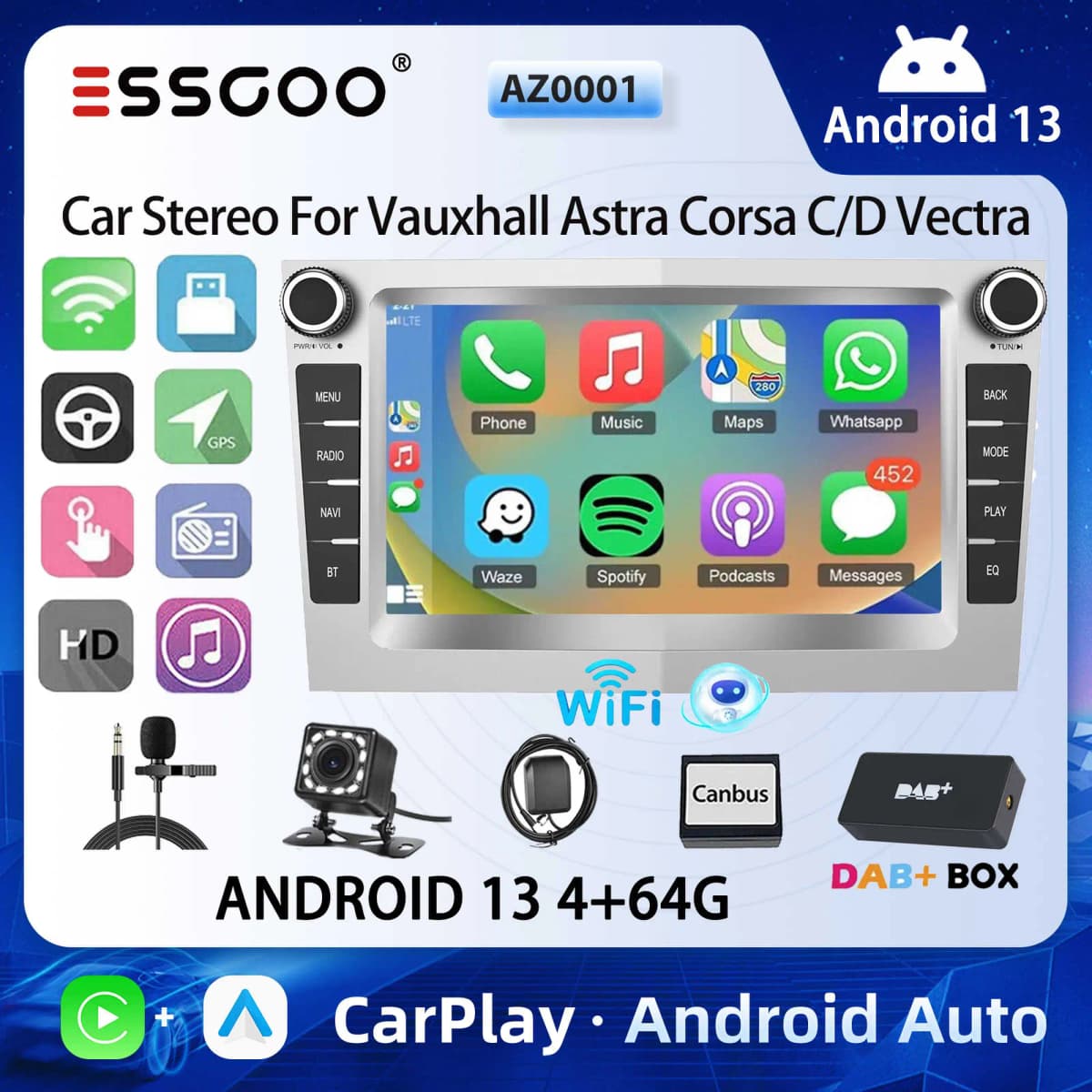 ESSGOO Car Stereo Radio 4+64G Wireless Carplay Android Auto For Vauxhall Astra Corsa C/D Vectra DAB+ Bluetooth Car Radio GPS FM
