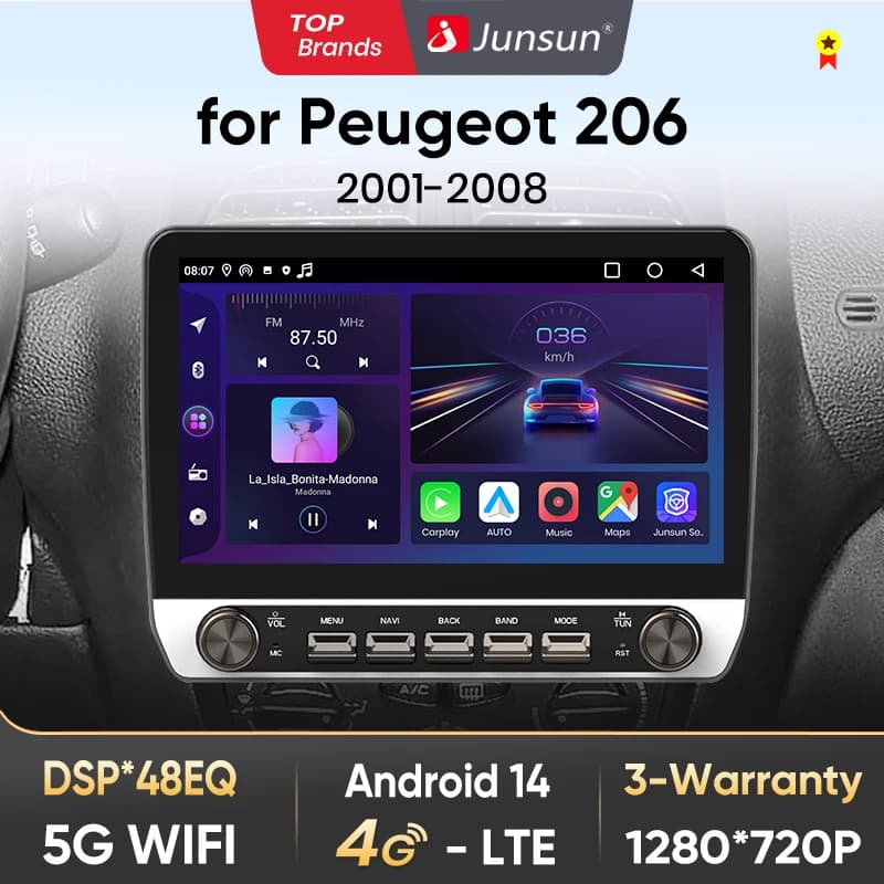Junsun 10" Button Car Radiofor Peugeot 206 2001-2008 GPS Multimedia Stereo BT FM RDS Wireless CarPlay for Apple Android Auto 4G