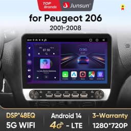 Junsun 10" Button Car Radiofor Peugeot 206 2001-2008 GPS Multimedia Stereo BT FM RDS Wireless CarPlay for Apple Android Auto 4G