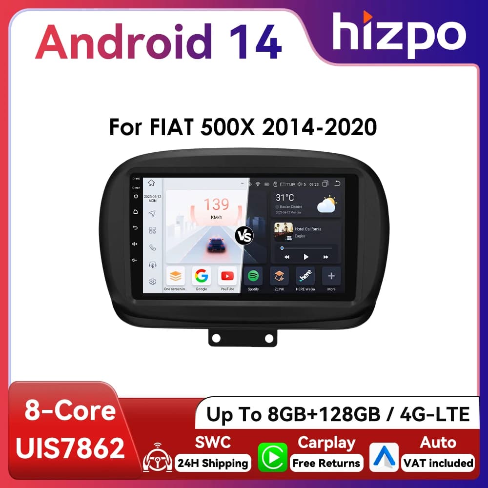 9" CarPlay Hizpo 2Din Android Auto Car Radio for Fiat 500X 2014 - 2020 Multimedia UI7862 Navigation GPS RDS DSP SWC 4G Bluetooth