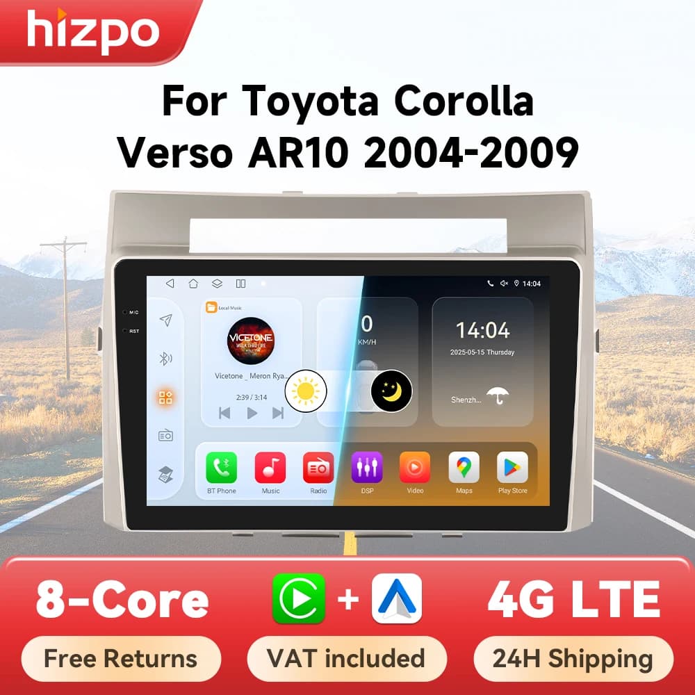 Hizpo Android 14 Car Radio For Toyota Corolla Verso AR10 2004 - 2009 Multimedia Video Auto Carplay Player GPS 360 Camera DSP GPS