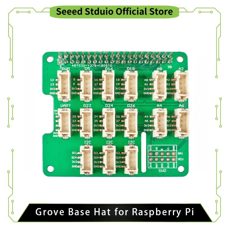 Grove Base Hat for Raspberry Pi, 24-Pin GPIO maintain, Grove interface 3× I2C, 1× UART, 6× Digital, 4× Analog, SWD Debug