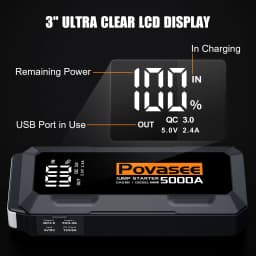 POVASEE Car Jump Starter Power Bank 5000A Jump Starter up to All Gas or 10L Diesel with LCD Display USB Outputs for 12V Vehicles