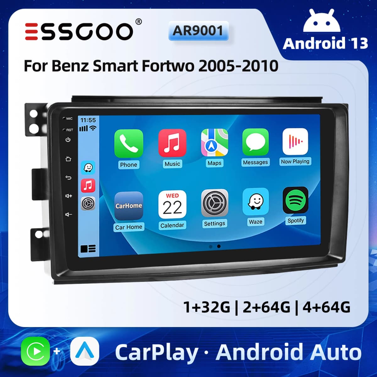 ESSGOO 9" Android 13 Car Stereo Radio Carplay/Android Auto Touchscreen GPS Nav BT RDS For Mercedes Benz Smart Fortwo 451 05-2010