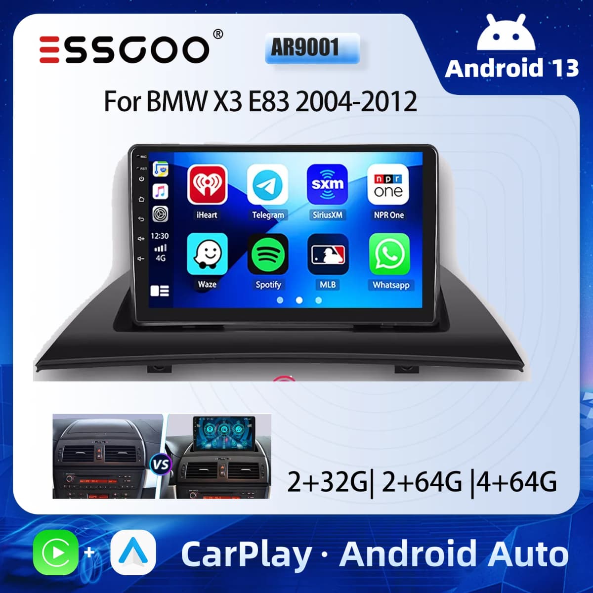 ESSGOO 9" Android 13 Car Radio Multimedia player Wireless Carplay/Android Auto Touchscreen GPS Navi RDS For BMW X3 E83 2006-2010