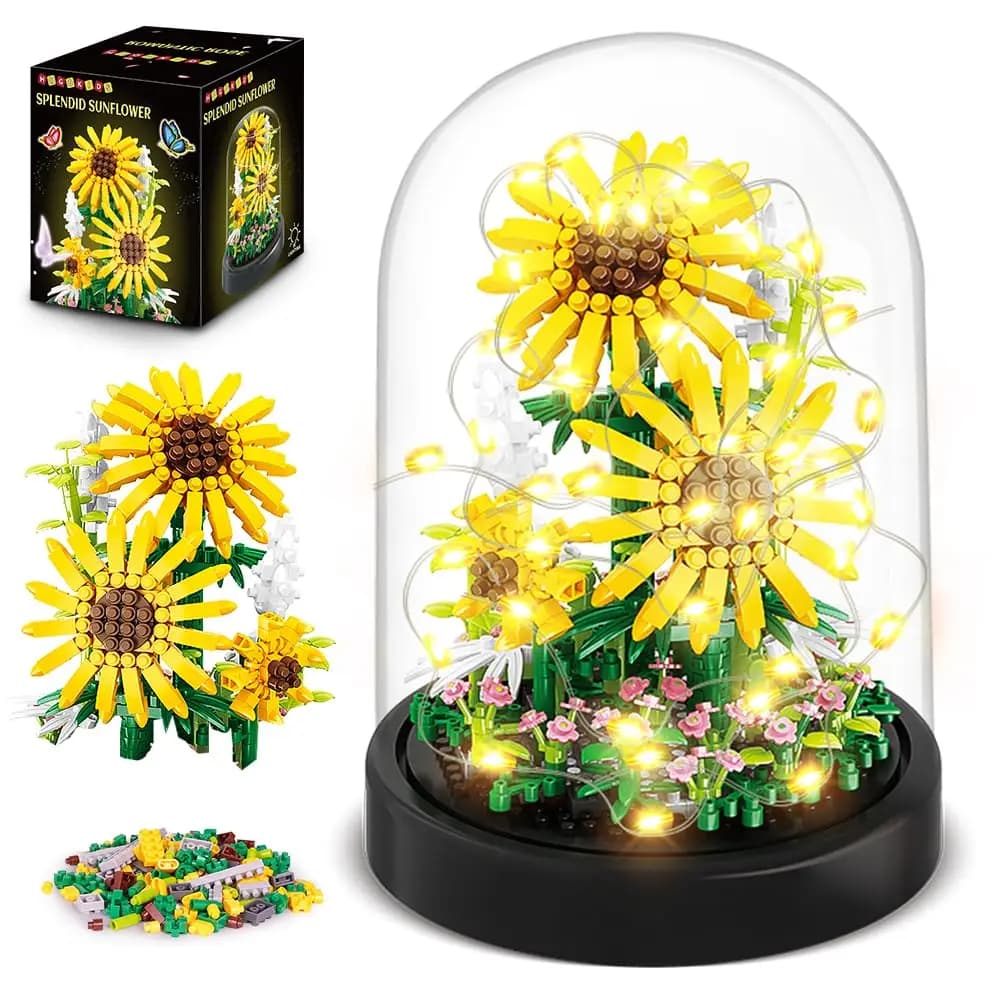 HOGOKIDS Flower Bouquet Building Kit with LED-Bonsai Tree Sets with Botanical Birthday Valentines Gift for Adult(Sunflowers)