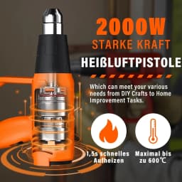 BRIEFNESS Hot Air Gun Fast Heating Paint Removal PVC Reduction 2000W Variable Temperature 60°C - 600°C 2 Air Speeds 4 Nozzles