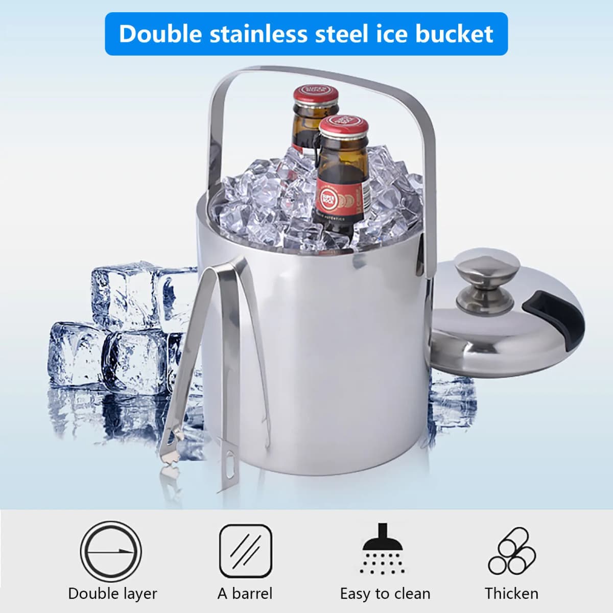 Stainless Steel Ice Cube Glue Ice Bucket Ice Cube Container with Lid and Pliers 1300ML Double Wall Insulated Silver
