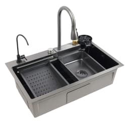 75cm/68cm Household Washing Sink Set Kitchen Bowl Sink 3 Water Output Modes Pull-out Faucet For Cleaning Food