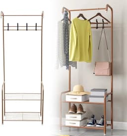 Garderobe, Freistehende Garderobe für das Schlafzimmer, Metallgarderobe mit Haken für Mäntel, Schuhregale, Taschen und Hüte