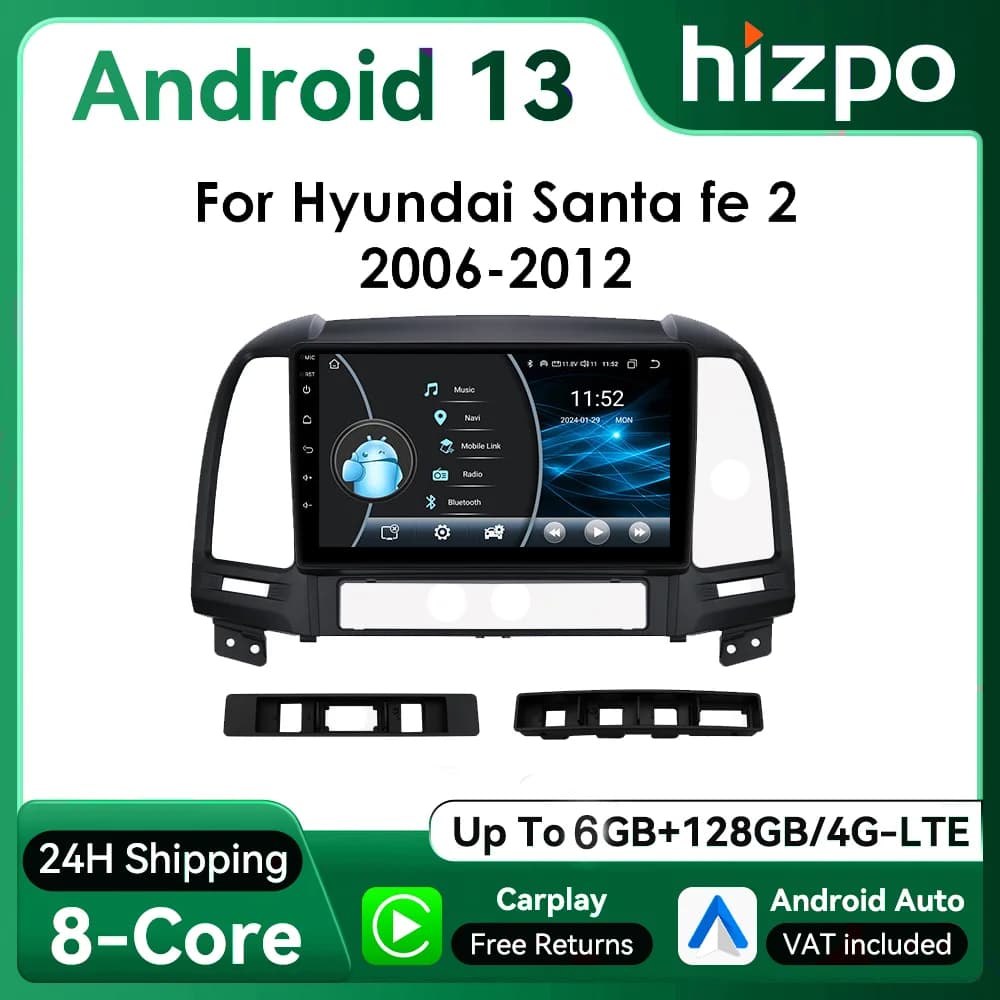 9" Hizpo 2Din Android Auto Car Radio for Hyundai Santa Fe 2 2006 - 2012 RDS DSP GPS Navigation SWC BT 4G CarPlay UI8581 System