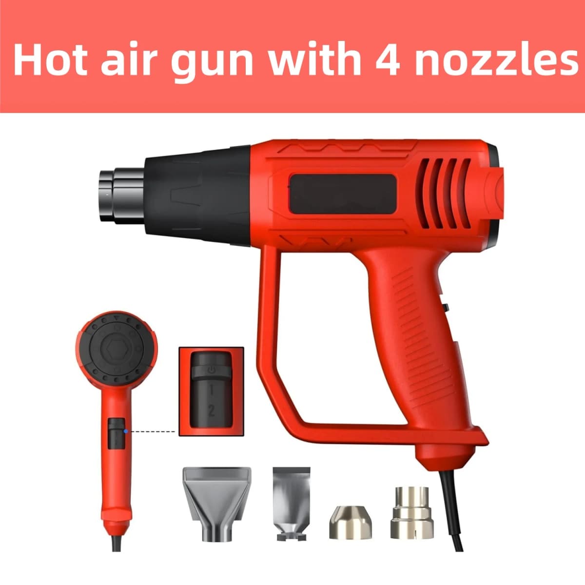 BRIEFNESS Cord Loose Handheld Heat Gun Hot Air Paint Overload Protection and 4 Nozzle Attachments RED-BLACK