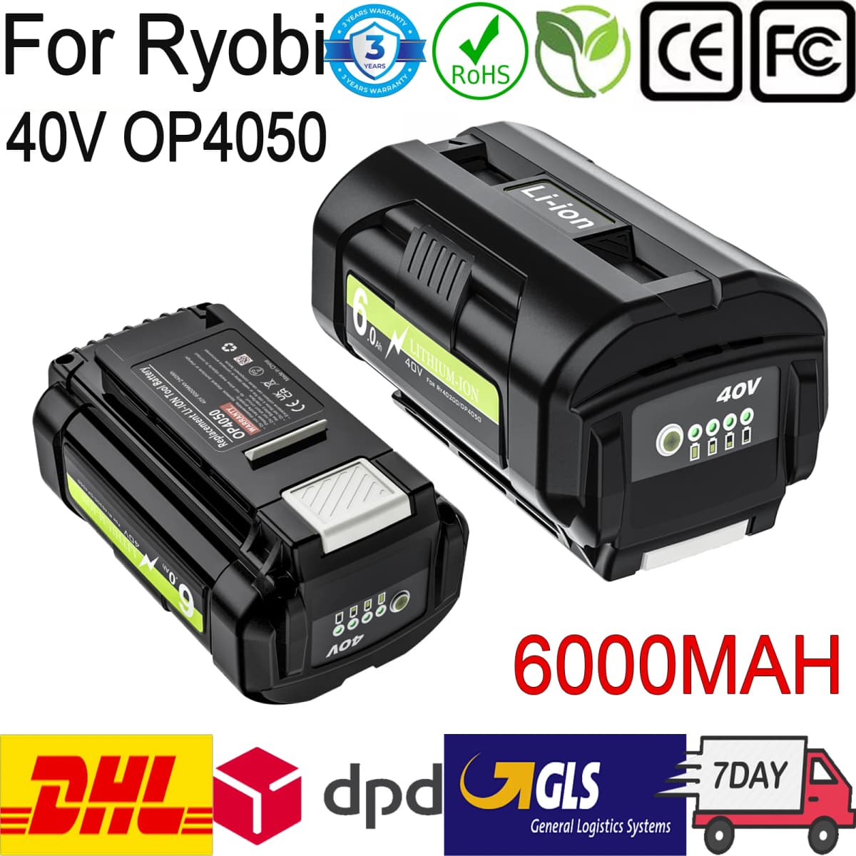 For Ryobi Battery 40V OP4050 6000mAh Lithium-ion Battery Replacement Battery For Ryobi OP4050 OP4060 Series Lawn Mowers Tool