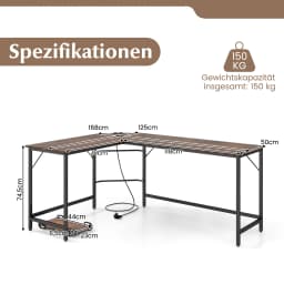 L-shaped desk with sockets & CPU stand, corner desk, corner table, computer table, office table for home office
