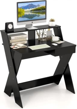 Computer table with Drawer desk with Monitor Rise, X Shaped Worktable Wood Small Spaces Home