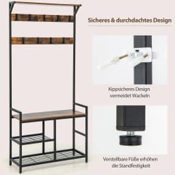 Coat rack with 9 hooks and shoe rack, 3 levels wardrobe, hallway wardrobe industrial design, dresses stand metal frame