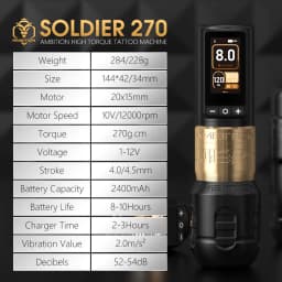 Ambition Soldier 270 Wireless Tattoo Machine 4.0mm+4.5mm Stroke Brushless Motor Pen Professional 2400mAh Battery Grip 34+42mm