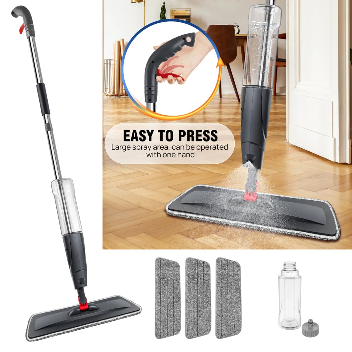 Wet and Dry Spray Mop Floor Wiper,with 3 Washable Microfibre Pads and 700ML Refill Bottle, 360° Swivel Head.