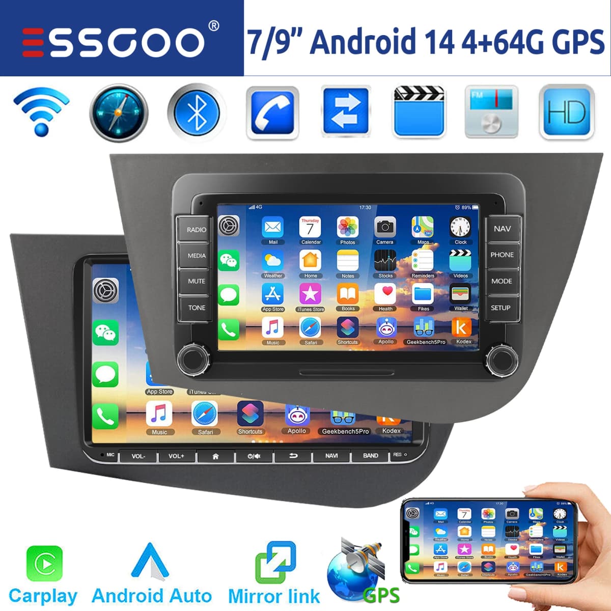 ESSGOO Car Stereo 7"/9" Android 14 4+64G Wireless Carplay GPS NAVI WIFI RDS FM Bluetooth For Seat Leon 1P1 2005-2012 Touchscreen