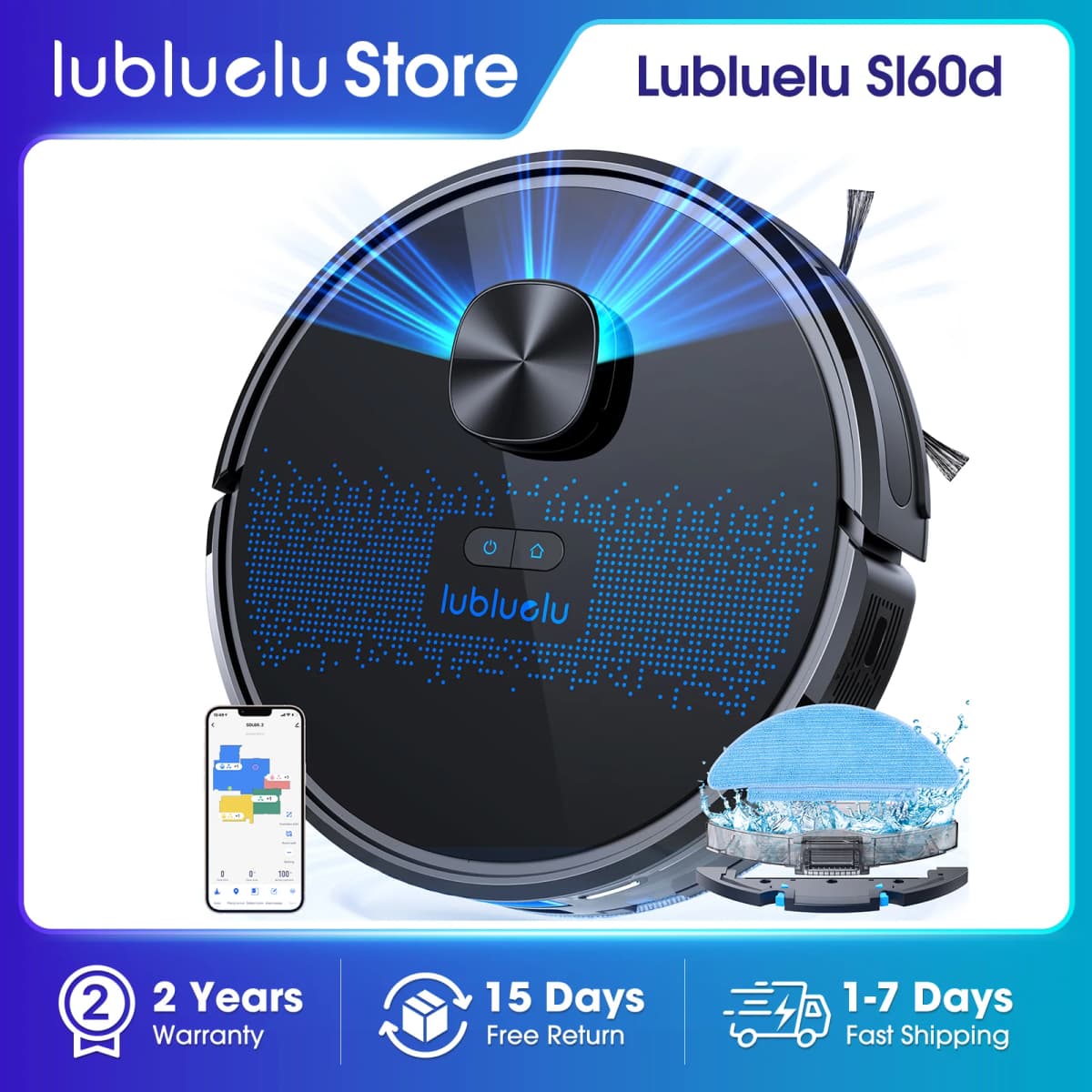 Lubluelu SL60D Robot Vacuum and Mop Combo - 4000Pa Suction, 150Mins Runtime, Quiet Operation, 10 No-Go Zones, Smart App Control