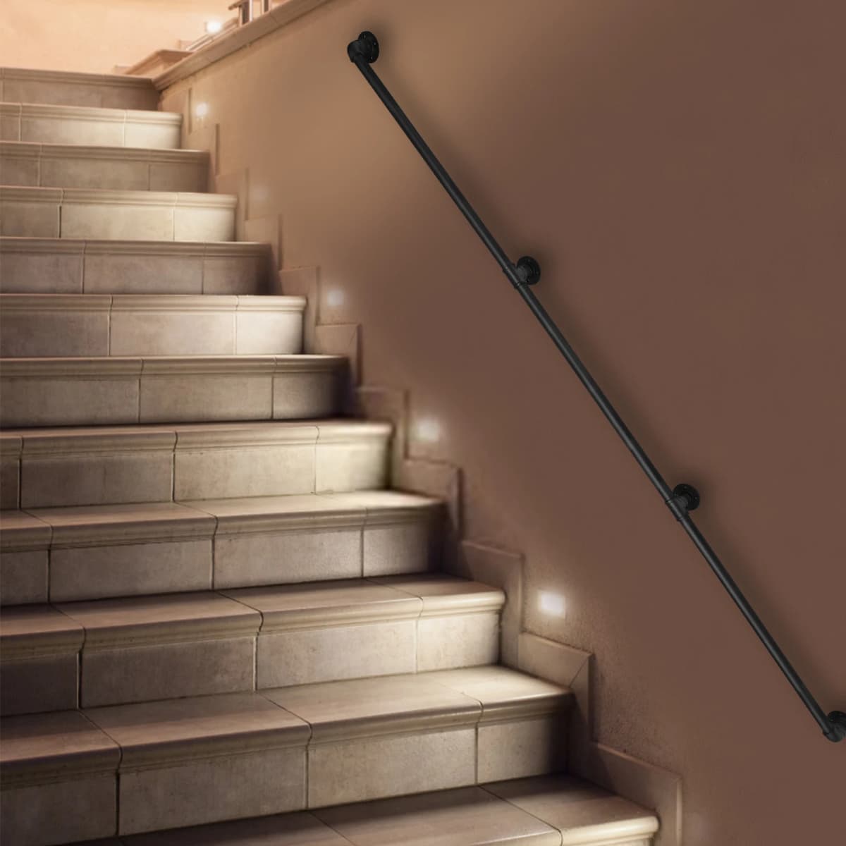 3-12FT Stair Handrail Wall Mount Metal Stair Railing Indoor And Outdoor Non-Slip Industrial Pipe Railing,Black,Round Corner