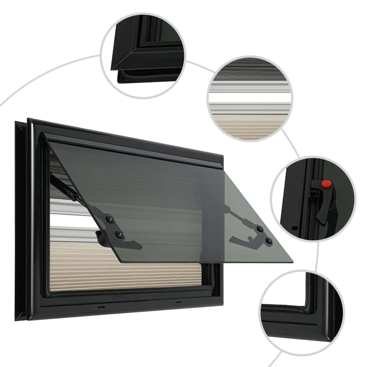 500x300mm RV Push Out Window with Rounded Corners and Straight Corners Tempered Glass RV Caravan Camper Windows With Screen