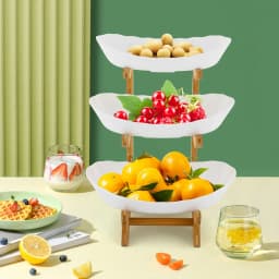 3-Tier White Fruit Plates W| Stand, Snack Dessert Cake Tray Plate Rack Fruit Stander W| Bamboo Wood Stand for Party Wedding