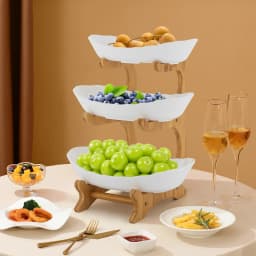 3-Tier White Fruit Plates W| Stand, Snack Dessert Cake Tray Plate Rack Fruit Stander W| Bamboo Wood Stand for Party Wedding