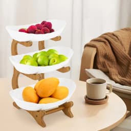 3-Tier White Fruit Plates W| Stand, Snack Dessert Cake Tray Plate Rack Fruit Stander W| Bamboo Wood Stand for Party Wedding